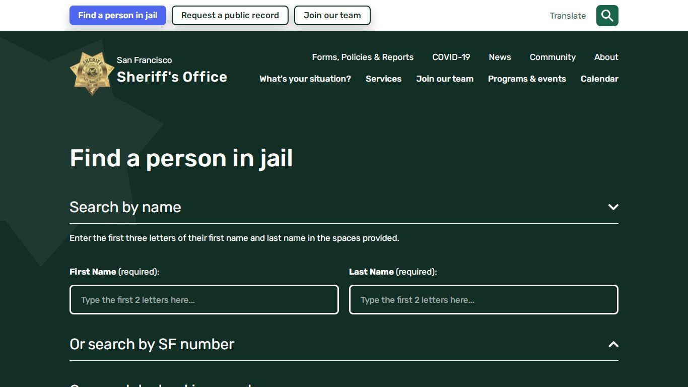 Find a person in jail | San Francisco Sheriff's Department